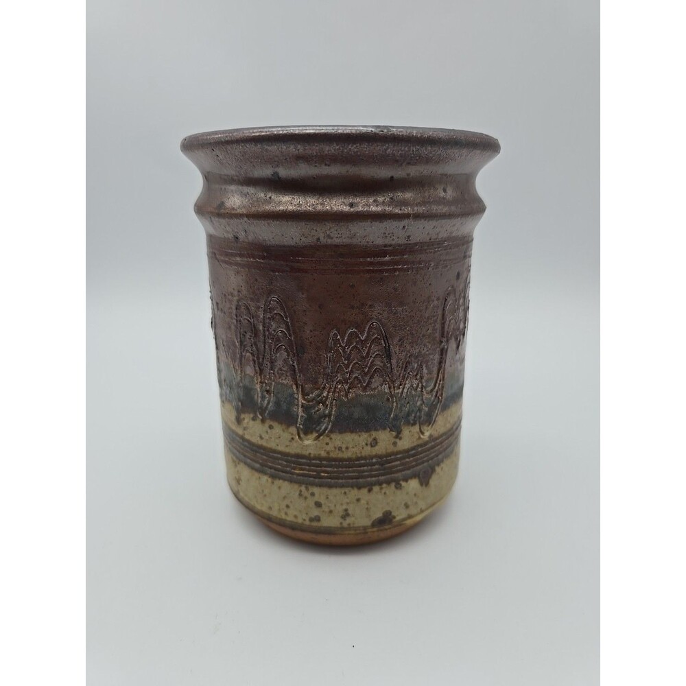 Vintage Studio Art Pottery Crock Signed  Stoneware Primitive  Brown Tones